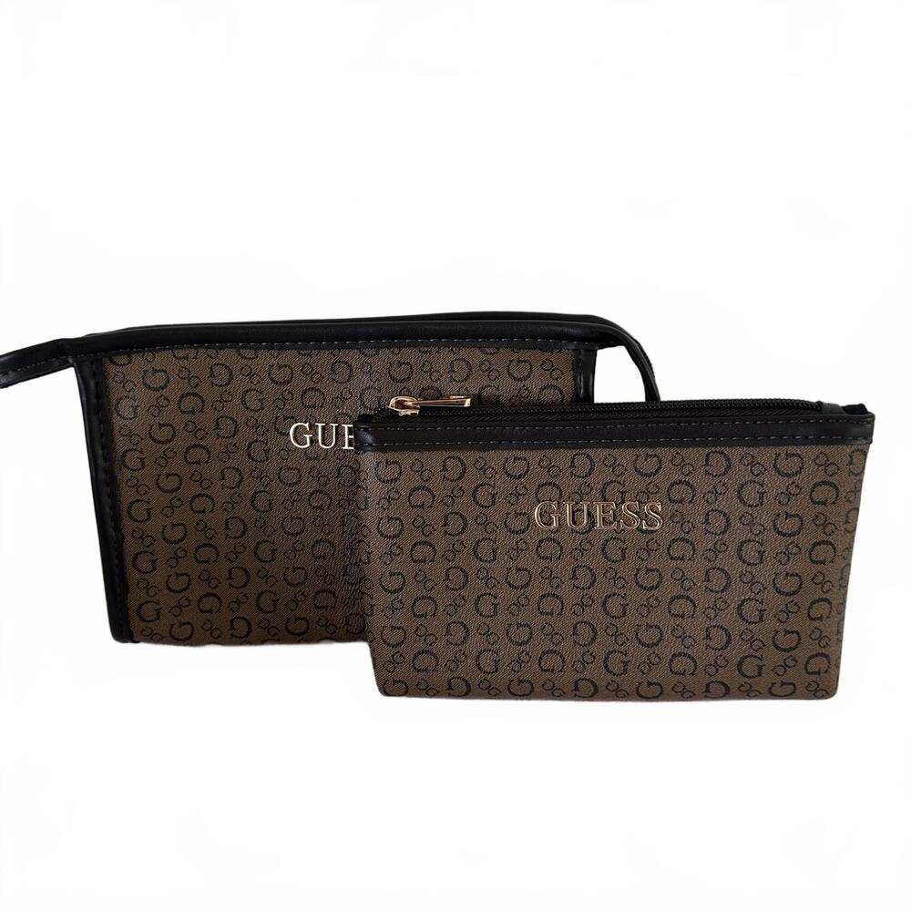 Guess Brown Set Set Of 2 Guess Travel Cosmetic Zip Closure Bag